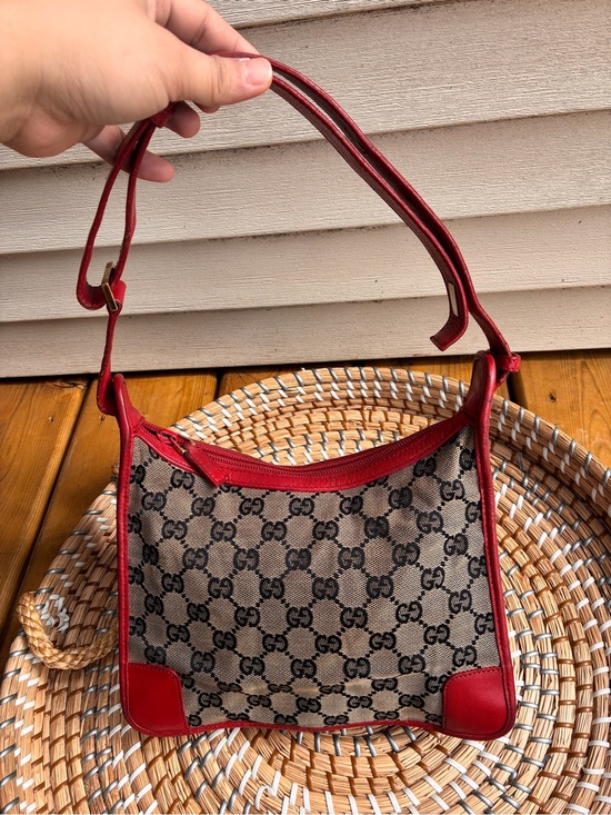 Gucci Handbags - Gucci Beige GG Canvas Shoulder Bag with Red Trim ( authentic )